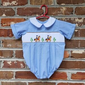 Remember Nguyen Baby One-Piece 24M Blue Gingham Smocked Western Cowboy Horse